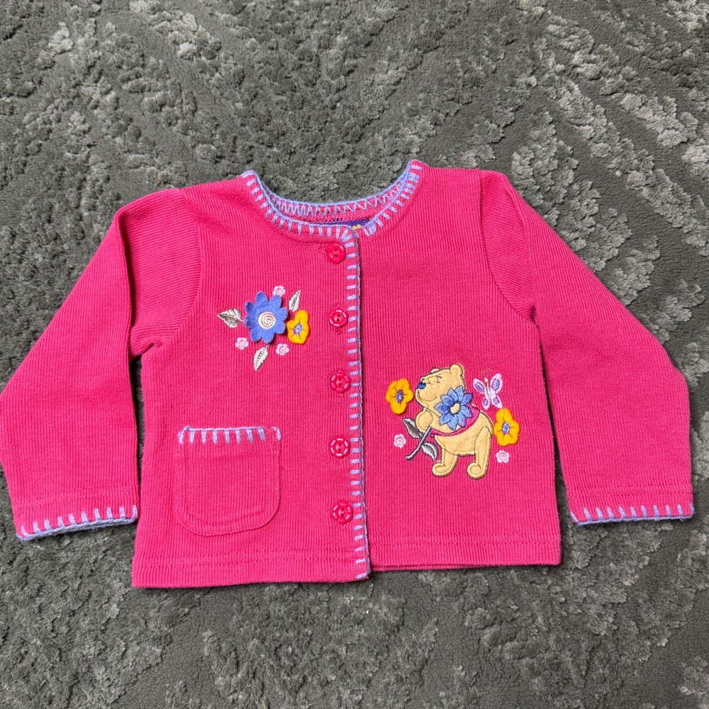 Disney Winnie the Pooh Pink Ribbed Cardigan Sweater Floral 12M Vintage
